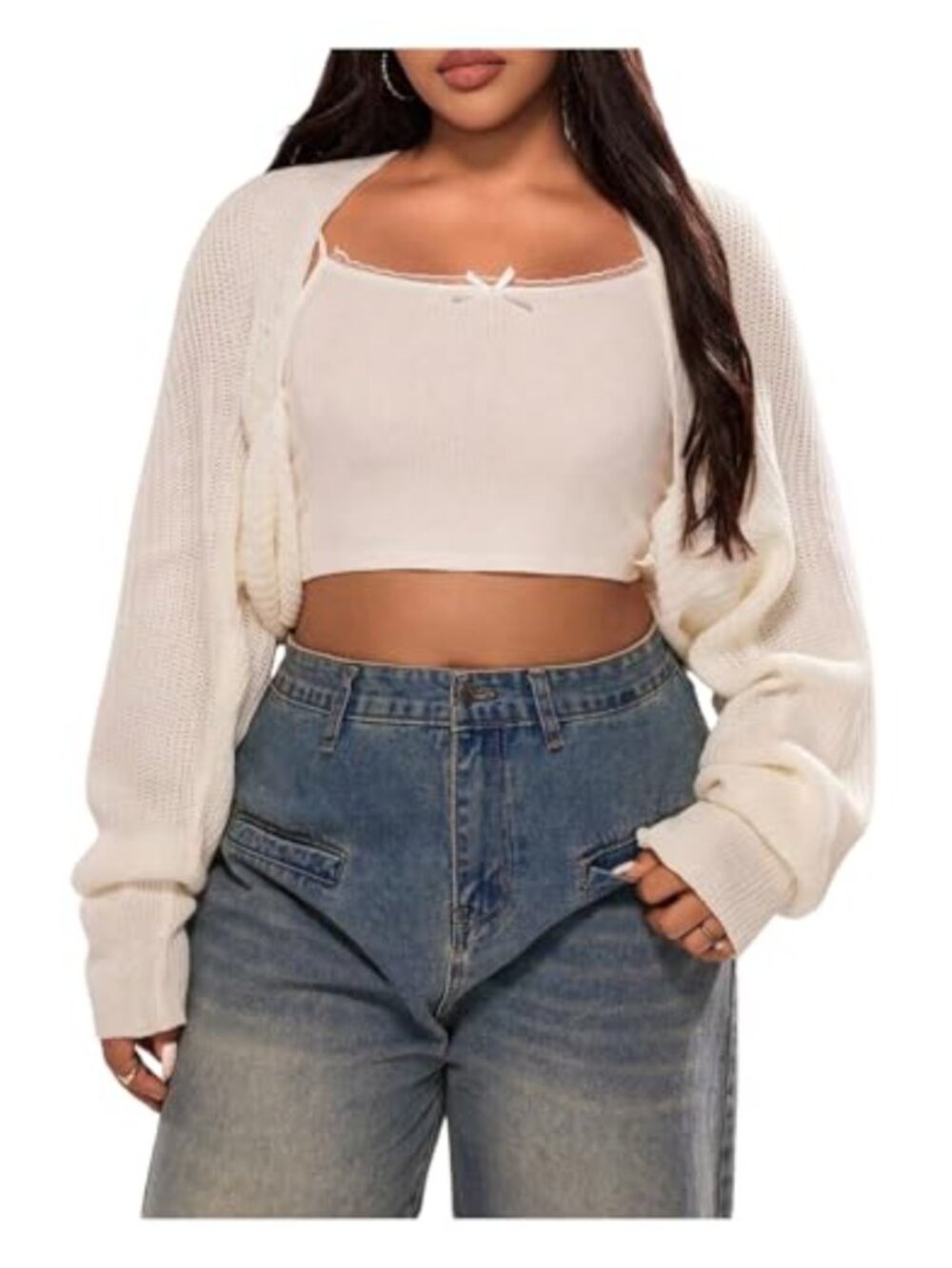 Plus Size Crochet Bolero Shrug Hollow Out Long Sleeve Lightweight Knit Crop